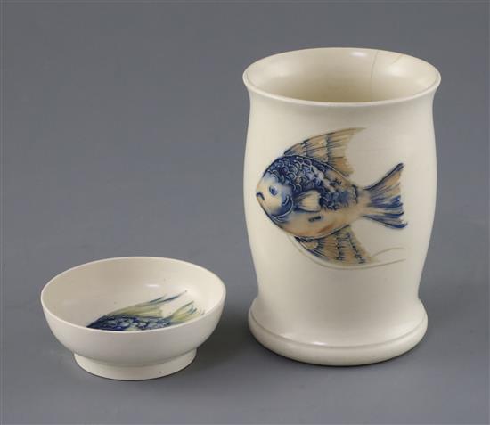 A Moorcroft fish beaker vase and a similar small dish, 1930s, 11.7cm and 7.6cm, beaker cracked